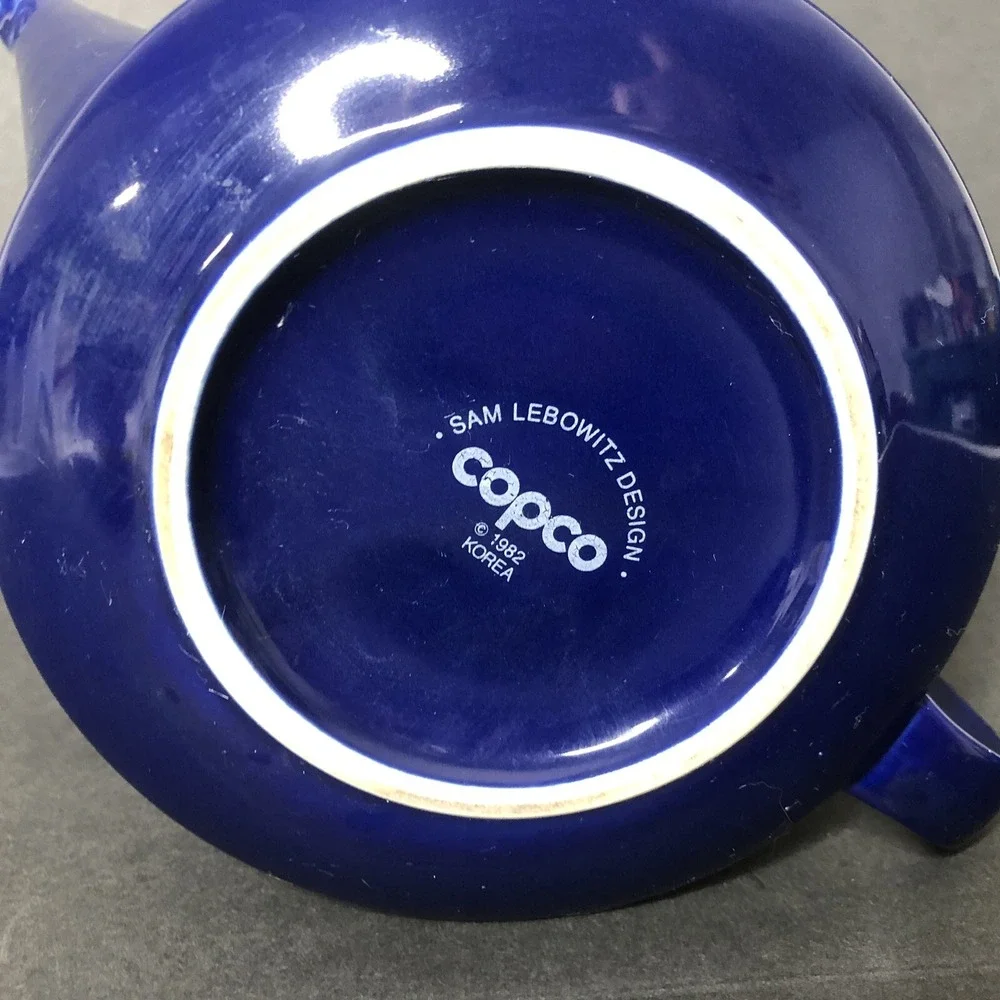 Sam Lebowitz Design COPCO Cobalt Blue Teapot with Lid 1982 Korea Striped Ceramic
